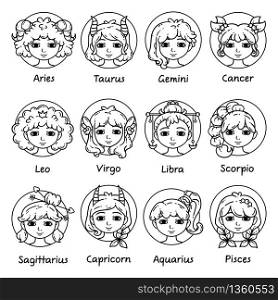 Set of horoscope signs as women. Zodiac for girls. Vector illustration of astrological signs. Girls with opened eyes. Black and white illustration. Outline illustration for coloring pages.
