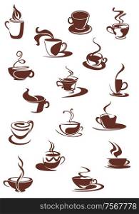Set of hot coffee beverage doodle sketches showing steaming cups and mugs of hot coffee or chocolate, isolated on white