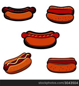 Set of hot dog illustrations on white background. Design element for logo, label, emblem, sign, badge. Vector illustration