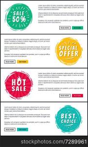 Set of hot sale best price advertising banners, vector illustration with ad text isolated on white with black frames, colorful buttons, cute stickers. Set of Hot Sale Best Price Advertising Banners