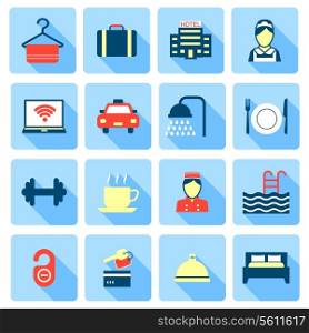 Set of hotel bed reception bath bed bell icons on colorful squares in flat color style vector illustration