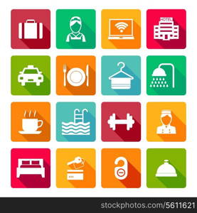 Set of hotel bed reception bath bed bell icons on colorful squares in white color vector illustration