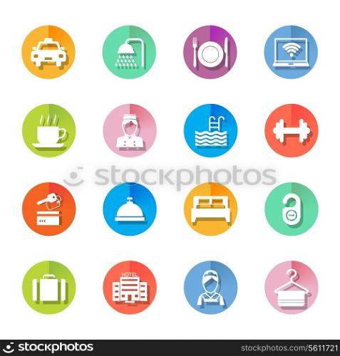 Set of hotel bed reception building icons on colorful circles in white color vector illustration