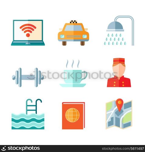 Set of hotel computer car taxi shower gym icons in flat color style vector illustration