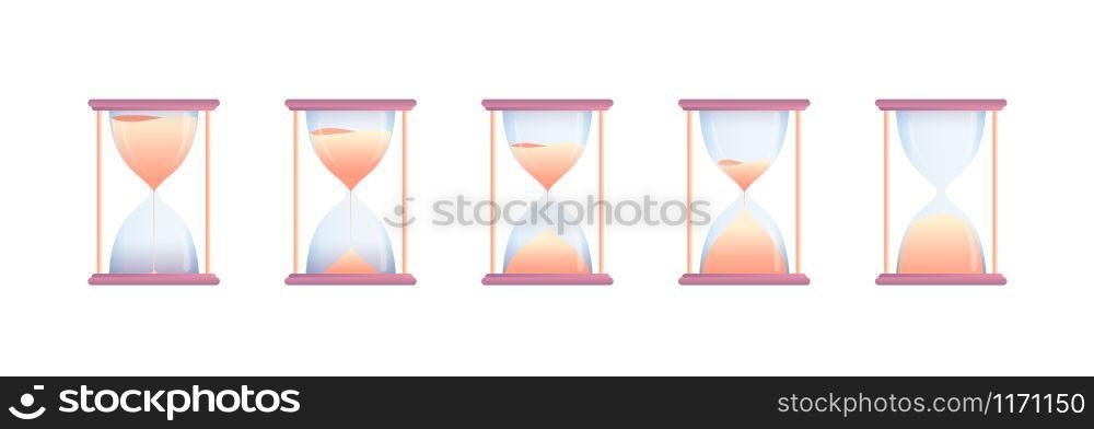 Set of hourglasses at different stages of countdown. Modern vector flat illustration. Isolated objects on white background