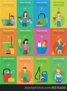 Set of House Cleaning Banners. Set of house cleaning banners. Man and woman with cleaning equipment and detergent. House cleaning service, professional office cleaning, home cleaning illustration in flat. Vertical website template