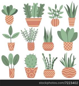 Set of house plants in pots, isolated object. Collection of fresh natural window plants, interior elements. Growing plants indoors, flat vector illustration.. Set of house plants in pots, isolated object.