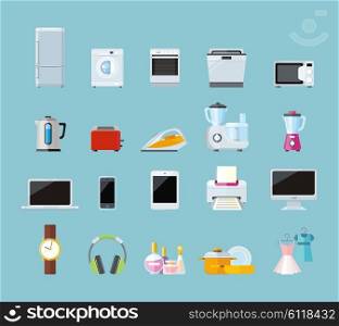 Set of household appliances design flat. Appliances household, household items, washing machine, kitchen appliances, appliance home, machine and equipment, refrigerator and microwave illustration