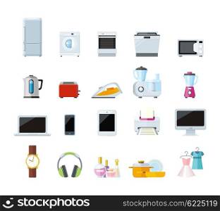 Set of household appliances design flat. Appliances household items, washing machine, kitchen appliances home, machine and equipment, refrigerator and microwave vector illustration