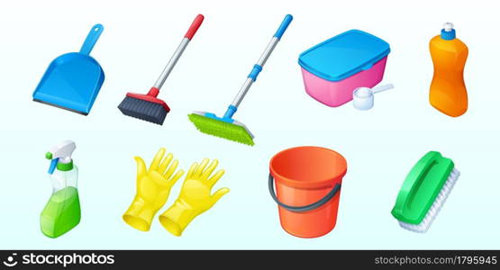 Set of household equipment scoop, cleaning brush and washing powder in box, liquid soap, detergent in spray bottle, rubber gloves and bucket isolated on white background, 3d vector illustration, icons. Set of household equipment scoop, cleaning brush