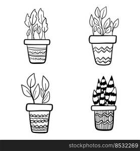 Set of houseplant vector illustration with simple line doodle design. Home plants in decorative pots.. Set of houseplant vector illustration with simple line doodle design. Home plants in decorative pots