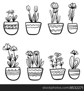 Set of houseplant vector illustration with simple line doodle design. Home plants in decorative pots. Set of houseplant vector illustration with simple line doodle design. Home plants in decorative pots.