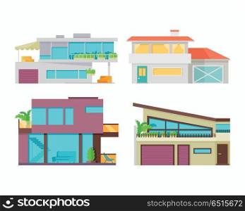 Set of Houses, Buildings and Architectures. Set of houses, buildings and architecture variations isolated on white. Countryside or city architecture. Part of series of modern buildings in flat design style. Real estate concept. Vector