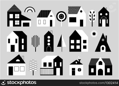 Set of houses, trees, sun and rainbow isolated on gray background. Big black and white collection. Flat vector illustration with different shapes of buildings.