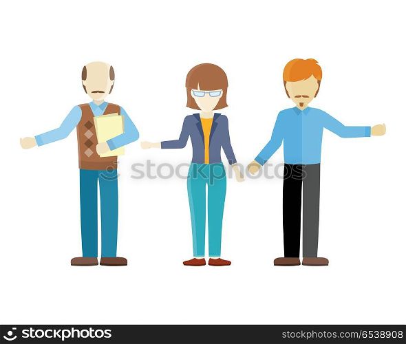 Set of human characters vector. Flat design. Woman and men figures of different ages in casual clothes. Teacher, lecturer, office worker illustrations for concepts, app pictogram, logos, infographic.. Set of Human Characters Vector in Flat Design. Set of Human Characters Vector in Flat Design