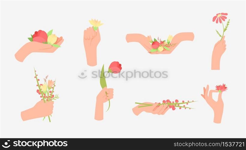 Set of human hands with colorful summer flowers isolated on white background. Collection of arms holding blooming bouquets or bunches vector graphic illustration. Cartoon floral decorative gift. Set of human hands with colorful summer flowers isolated on white background
