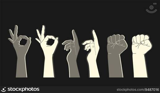 Set of human hands with different gestures. Light and dark hand silhouettes on a black background. Vector illustration