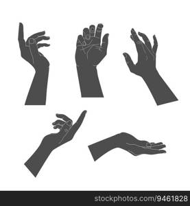 Set of human hands with different graceful gestures. Hand silhouettes isolated on white background. Vector illustration