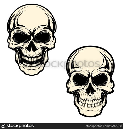 Set of human skulls isolated on white background. Design element for logo, label, emblem, sign, brand mark, t-shirt print. Vector illustration.
