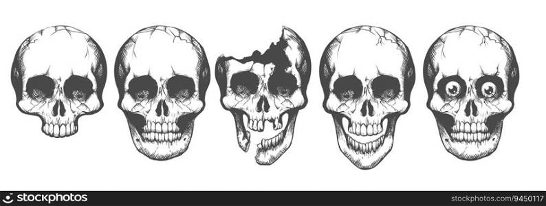 Set of Human Skulls. Monochrome Tattoo various skulls isolated on white background. Vector illustration.