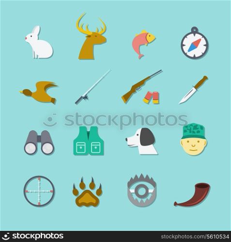 Set of hunting animal wild life leisure icons with reflection effect in flat color style vector illustration