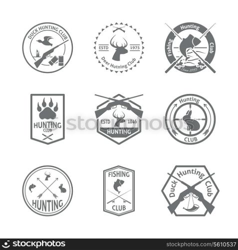 Set of hunting animal wild life leisure labels emblem with letterpress in gray color vector illustration