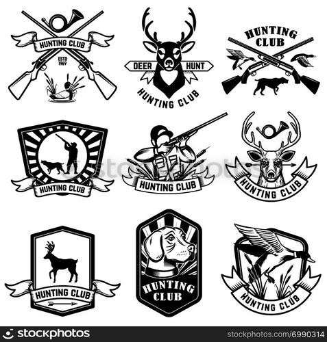 Set of hunting emblems. Hunting weapon, animals and design elements. Vector image