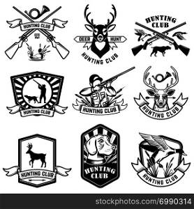 Set of hunting emblems. Hunting weapon, animals and design elements. Vector image