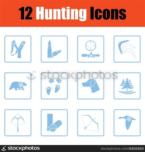 Set of hunting icons. Set of hunting icons. Blue frame design. Vector illustration.