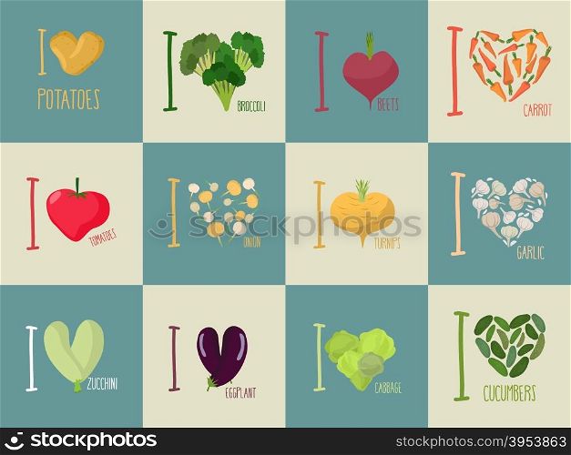 Set of I love vegetables: Eggplant and cucumber. Symbol of heart of carrots and potatoes. I love tomato and garlic. Sign for vegetarians.