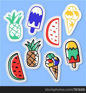 Set of ice cream and fruit stickers, pins, patches and handwritten collection in cartoon style. Funny greetings for clothes, card, badge, icon, postcard, banner, tag, stickers, print.