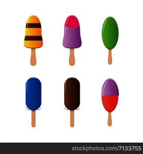 Set of ice cream briquettes on a stick of different color and different color shape. Flat design