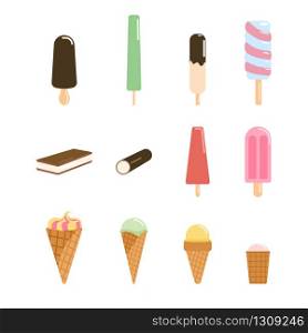 Set of ice cream. Collections popsicles, Frozen Yogurt, ice cream in chocolate glaze on a wooden stick, eskimo and fruit ice flavours. Flat design vector illustration. Set of ice cream. Collections popsicles, Frozen Yogurt, ice cream in chocolate glaze on a wooden stick