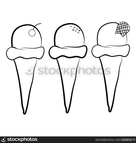 Set of ice cream cone vector flat illustration. Cherry, chocolate and mint ice creams in wafer vanilla cones