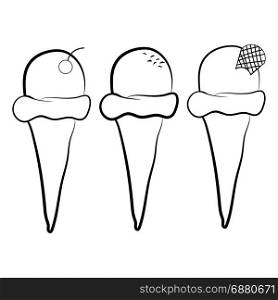 Set of ice cream cone vector flat illustration. Cherry, chocolate and mint ice creams in wafer vanilla cones
