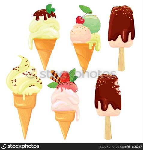 Set of Ice cream cones with glaze, Chocolate, strawberry and cherry. Isolated on white background.