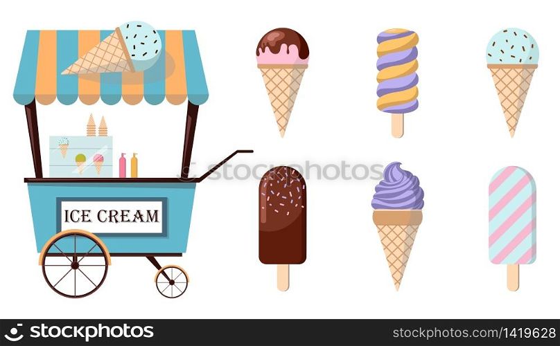 Set of ice-cream icons and ice-cream shopping cart. Collection of trendy flat illustrations. Amusement park concept.. Set of ice-cream icons and ice-cream shopping cart. Collection of flat illustrations. Amusement park concept.