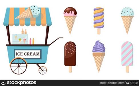 Set of ice-cream icons and ice-cream shopping cart. Collection of trendy flat illustrations. Amusement park concept.. Set of ice-cream icons and ice-cream shopping cart. Collection of flat illustrations. Amusement park concept.