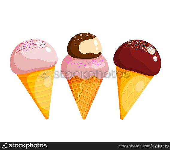 Set of ice cream. Three ice cream on a white background. Vector illustration of sweets. Stock &#xA;vector
