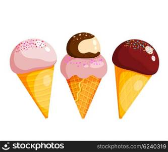 Set of ice cream. Three ice cream on a white background. Vector illustration of sweets. Stock &#xA;vector