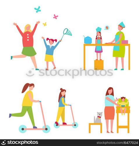 Set of Icons Activities on Vector Illustration. Set of icons dedicated to mother and daughter activities including cooking together, catching butterfly and skating vector illustration