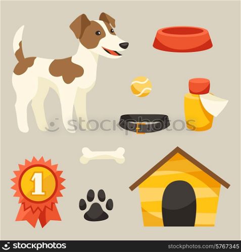 Set of icons and objects with cute dog.