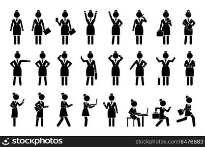 Set of Icons Business Woman Vector Illustration. Set of icons business woman activities silhouettes, such as talking on phone, checking emails on laptop, hurrying up and working vector illustration