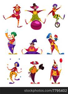 Set of icons clowns in colorful costumes with various elements including unicycle, puppet, ball isolated vector illustration. Clowns Icons Set