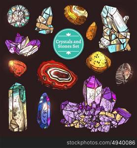 Set Of Icons Crystals Stones. Decorative color icons set of different stones crystal rocks with black background vector illustration