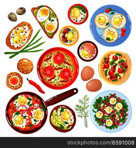 Set of icons dishes from quail and hen eggs with vegetables mushrooms and greenery isolated vector illustration . Egg Dishes Set
