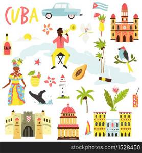 Set of icons, famous symbols of Cuba. Big bundle of vector designs. objects.. Set of icons, famous symbols of Cuba. Big bundle of vector designs.