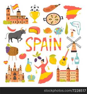 Set of icons, famous symbols of Spain. Big bundle of vector designs. objects.. Set of icons, famous symbols of Spain. Big bundle of vector designs.
