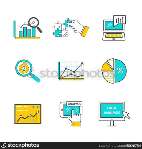 Set of icons flat style data analysis. Information optimization, trend development, idea and strategy, financial growth, infographic seo, process finance statistic illustration