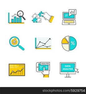 Set of icons flat style data analysis. Information optimization, trend development, idea and strategy, financial growth, infographic seo, process finance statistic illustration